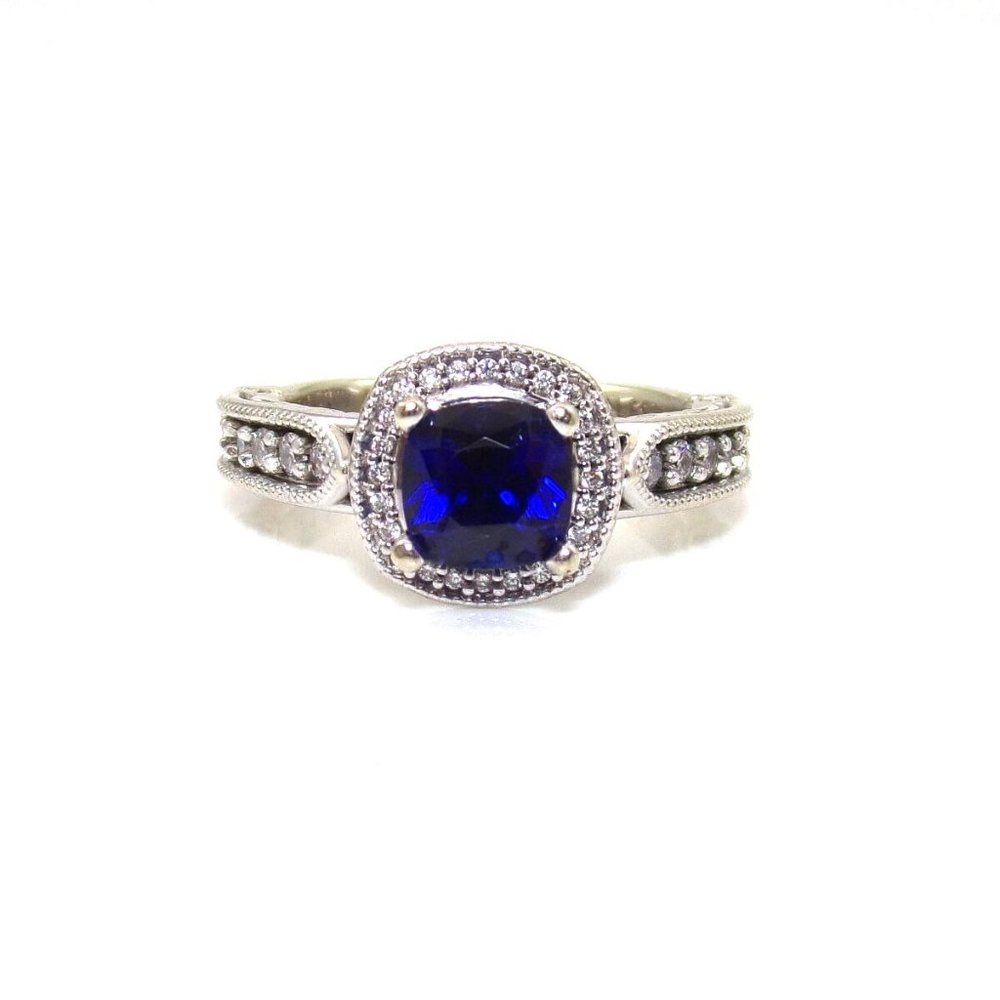 Zales 14K White Gold Blue Sapphire Diamond Engagement Ring Size 5.5
